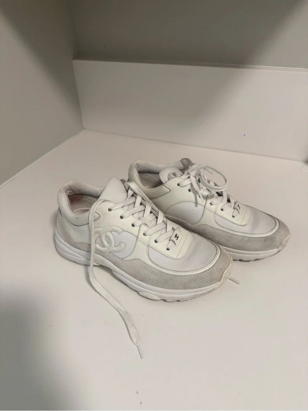 CHANEL White & Light Gray Suede-Trim Women's Sneakers SIZE 38